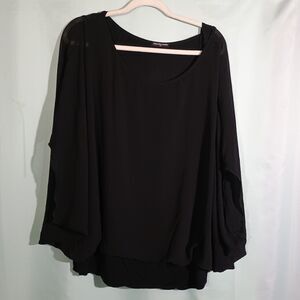 Black Sheer Sleeve Blouse Scoop Neck Flowy Layered Top